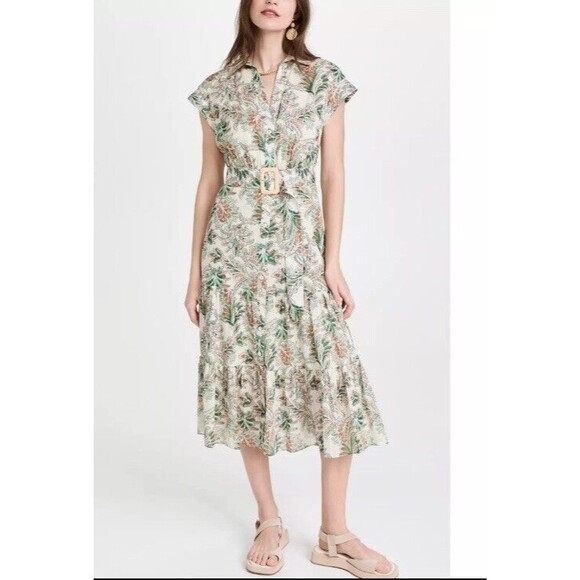 VERONICA BEARD Dress 4 Vanessa Belted Tiered Printed Boho Peasant  Midi Farm Rio - Picture 1 of 8